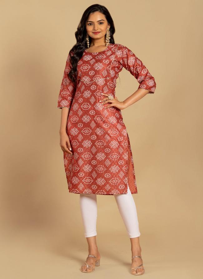 Viscose Red Daily Wear Foil Work Readymade Kurti With Leggings